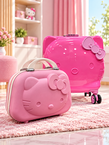 Hot pink Hello Kitty luggage set with rolling spinner case and matching vanity case