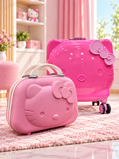 Hot pink Hello Kitty luggage set with rolling spinner case and matching vanity case