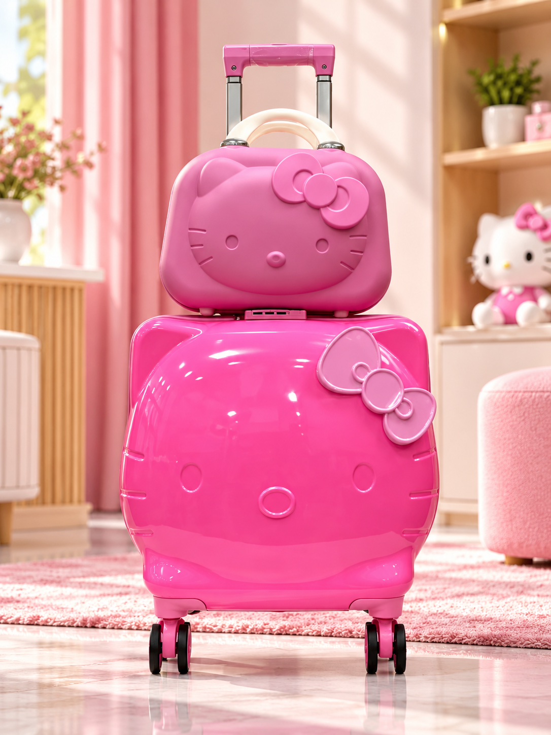 Hot pink Hello Kitty shaped luggage set with spinner wheels and vanity case