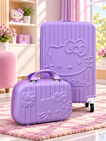 Purple hard-shell spinner suitcase with Hello Kitty pattern and small vanity case, side view