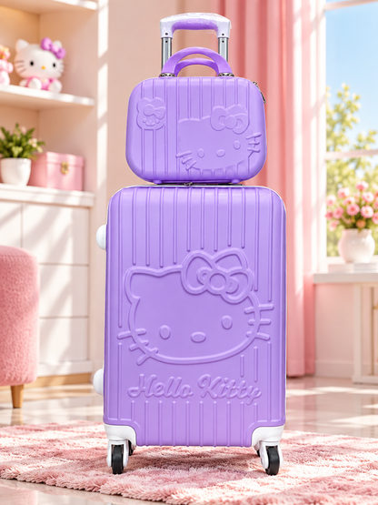 Purple 2-piece spinner luggage set with Hello Kitty embossed design and matching vanity case