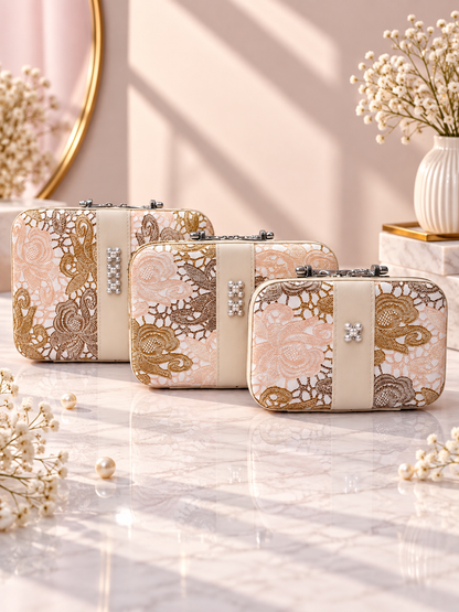 3-piece lace floral vanity case set in beige and peach with silver clasp