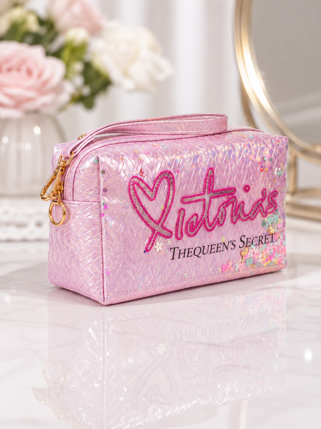 Iridescent pink makeup pouch with heart logo and zip closure, compact rectangular