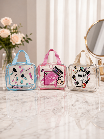 Transparent PVC cosmetic bags with top handles—blue, pink, beige—heart and tool prints