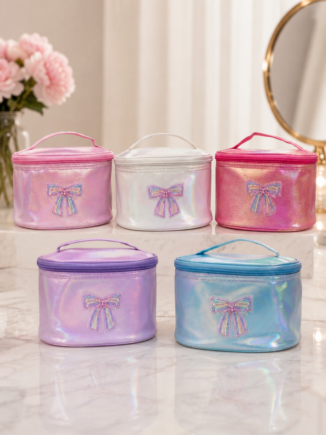 Holographic vanity pouches with holographic bow accent, pink, white, purple, blue