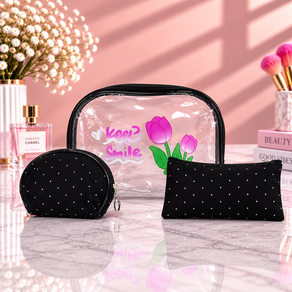 Black 2-in-1 cosmetic organizer set with clear pouch plus small matching zip pouch