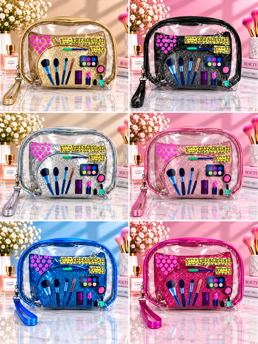 Transparent Makeup Tools & Glam Print 2-in-1 Cosmetic Organizer / Pouch Set