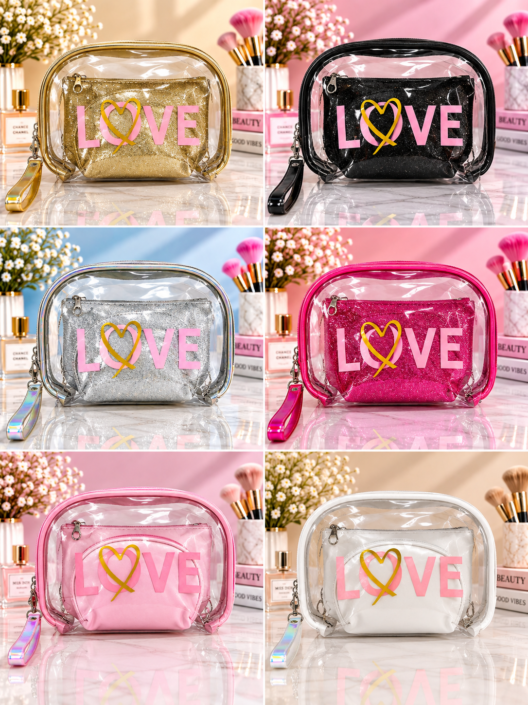 LOVE 2-in-1 cosmetic organizer set with clear pouches in multiple colors
