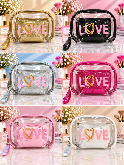 LOVE 2-in-1 cosmetic organizer set with clear pouches in multiple colors