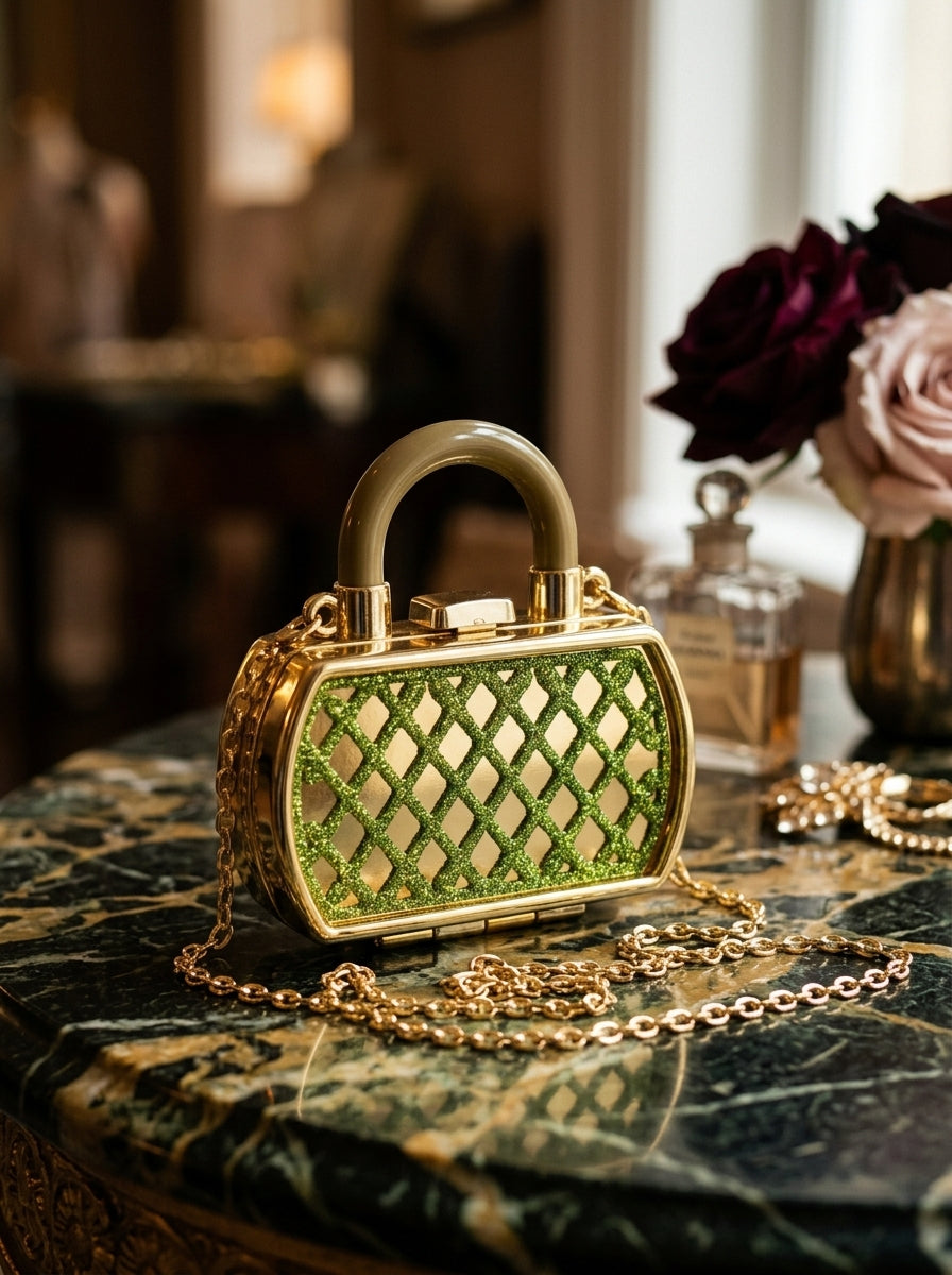 Green glitter lattice evening clutch with gold top handle and chain strap