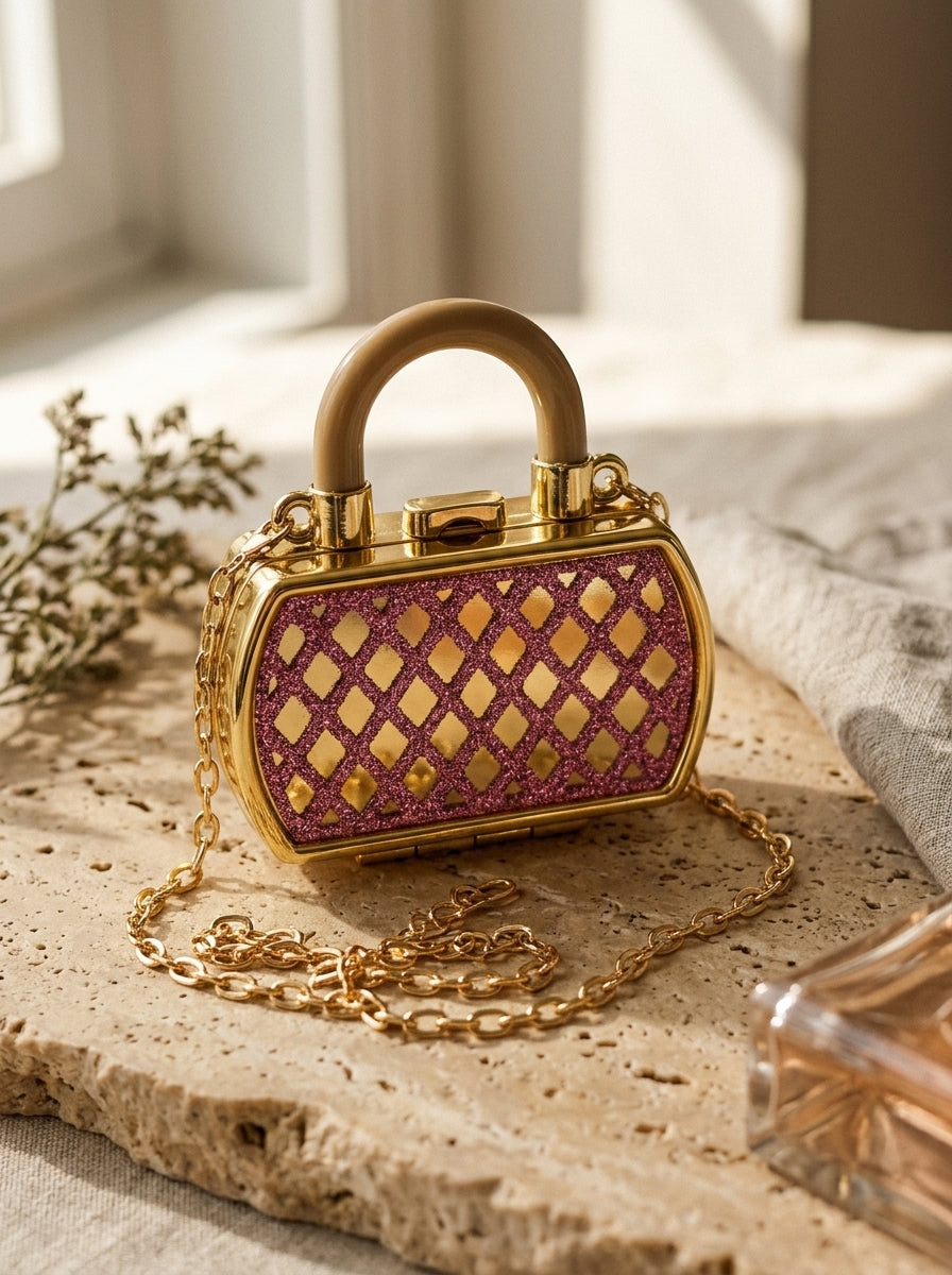 Pink glitter lattice evening clutch with gold top handle and chain strap