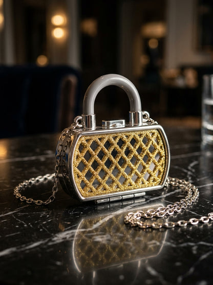 Gold glitter lattice evening clutch with top handle and chain strap