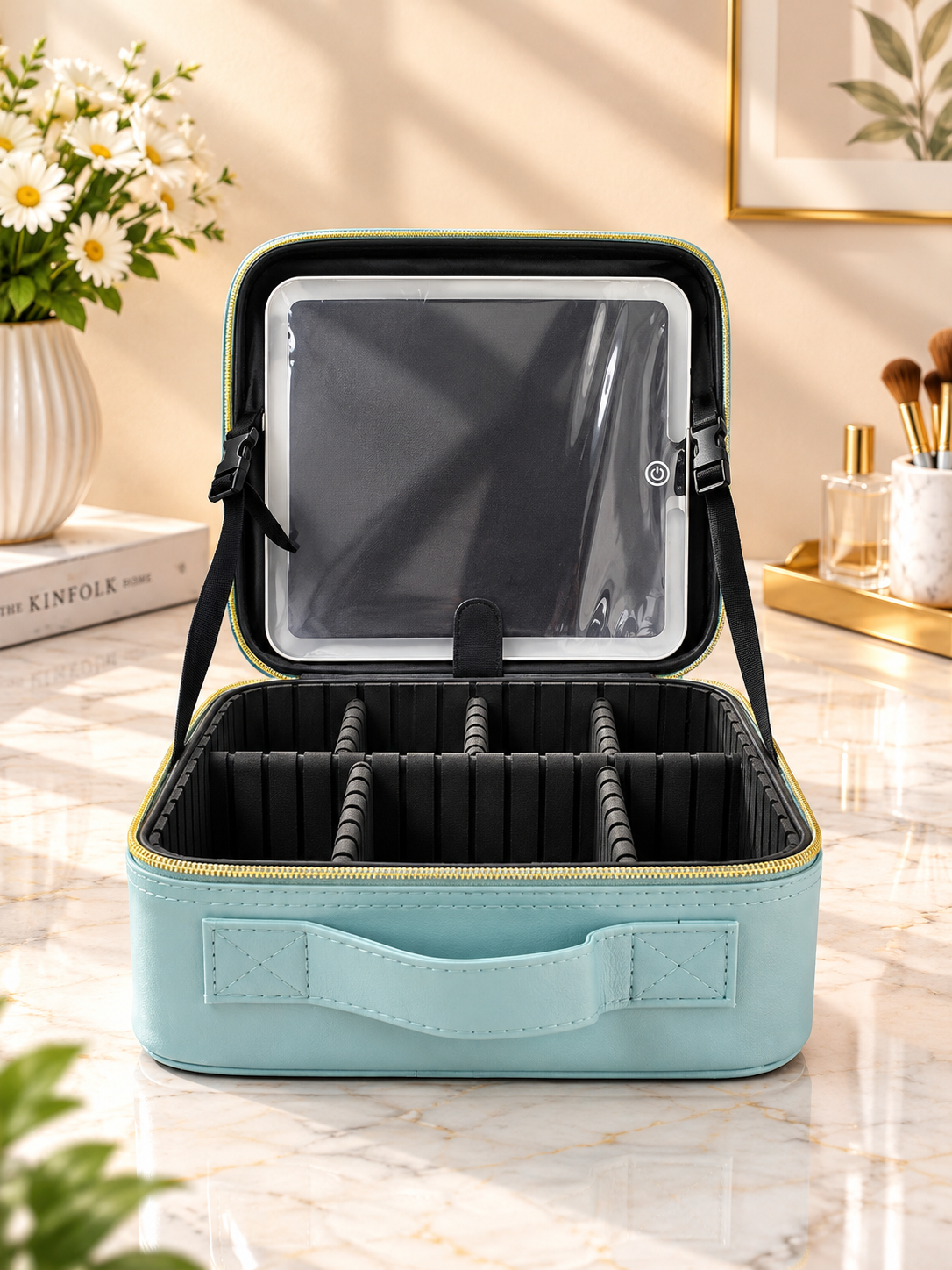 Aqua makeup organizer case with clear front window and black organizer compartments