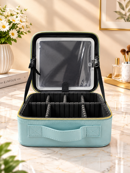 Aqua makeup organizer case with clear front window and black organizer compartments