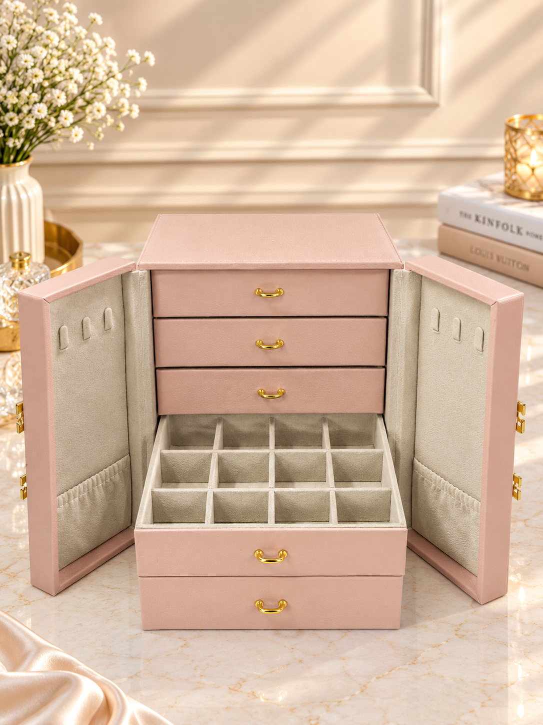 Pink jewelry storage box open with drawer tiers and grid ring tray in base