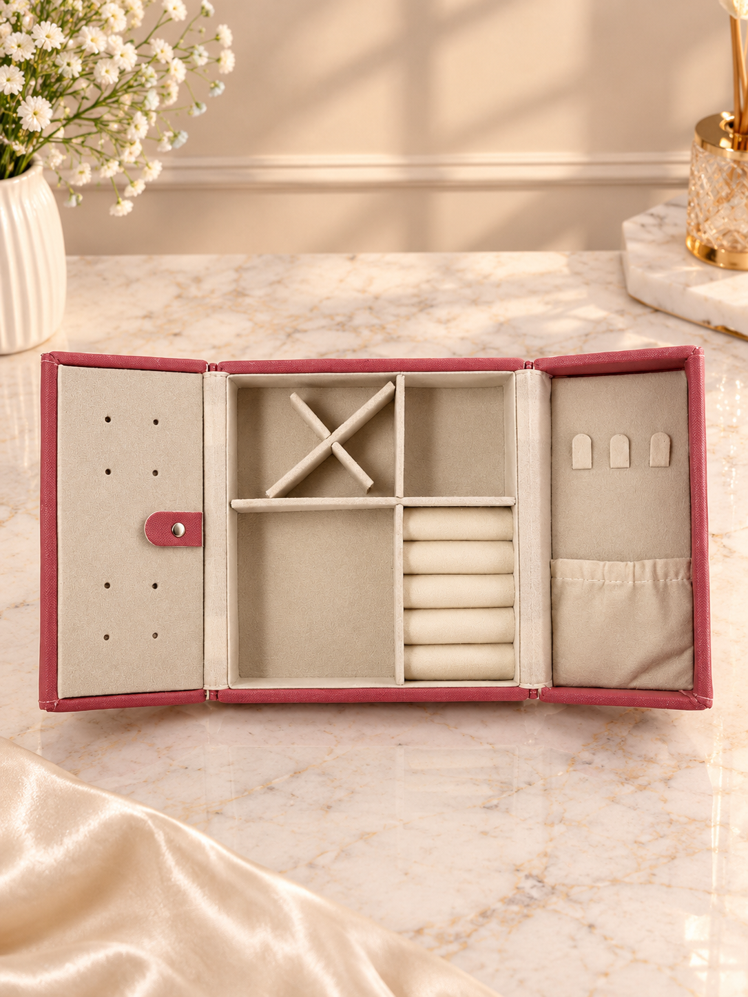 Folding tri-fold travel jewelry organizer box, open with ring and earring compartments