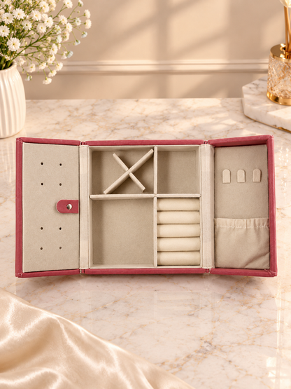 Folding tri-fold travel jewelry organizer box, open with ring and earring compartments