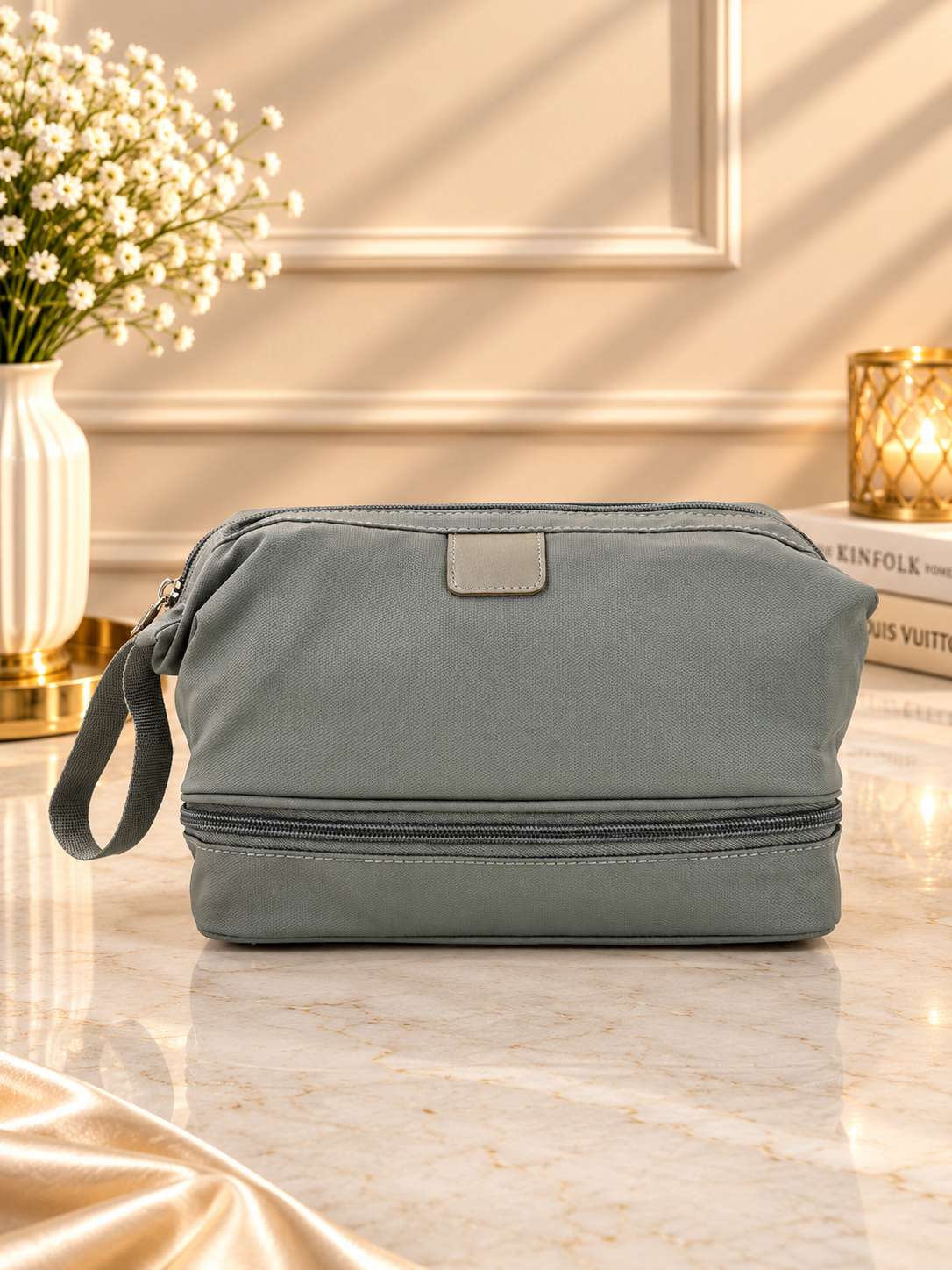 Double-decker dopp kit bag set, gray zippered double-compartment toiletry case