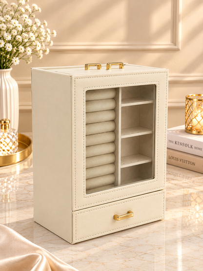 Ivory jewelry box with hinged window display and front drawer