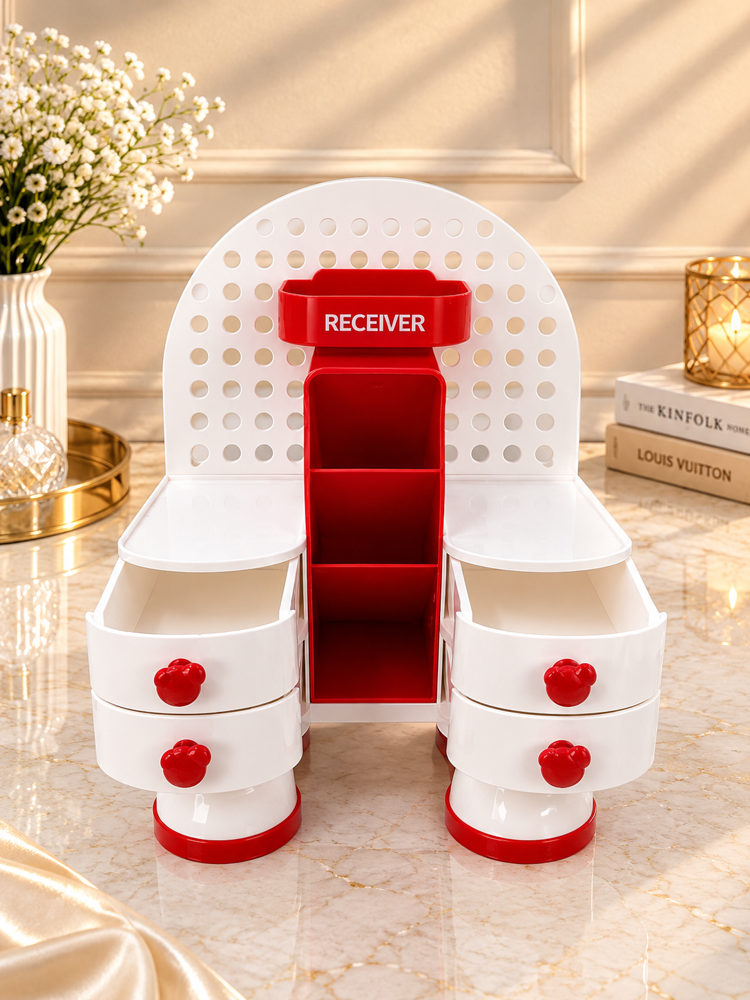 Red and white pegboard vanity organizer stand with central 3-tier drawer and red receiver