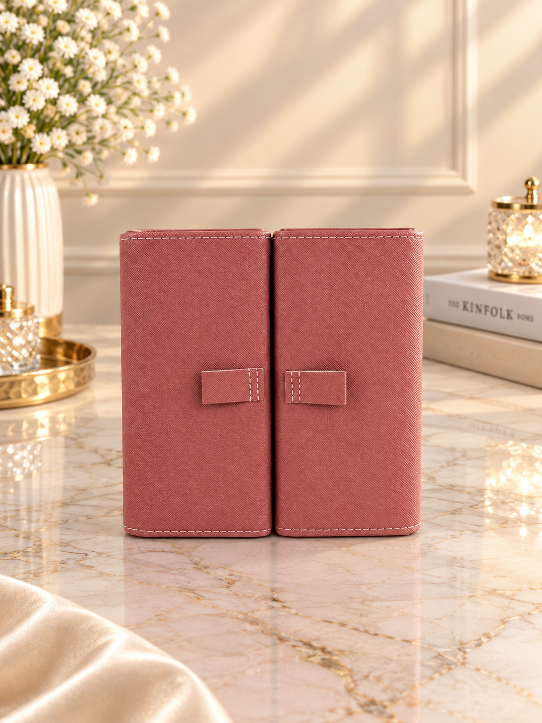 Folding tri-fold travel jewelry organizer box, closed with two front buckle straps