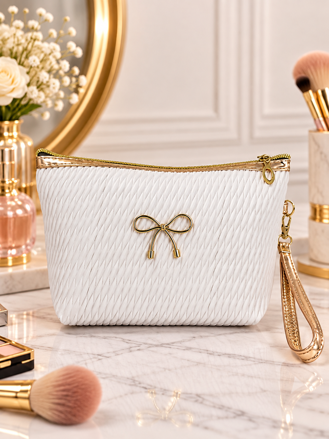 White pleated quilted cosmetic pouch with gold bow accent and wristlet strap, zip top