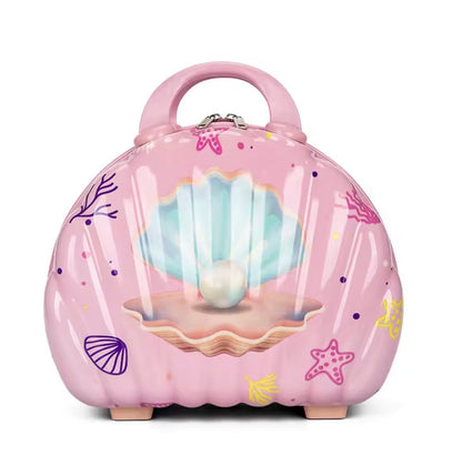 Pink seashell-themed rolling kids suitcase with top handle and bow charm