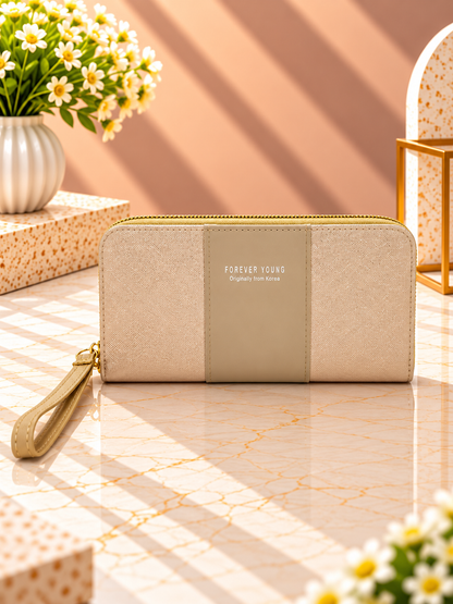 Contrast panel zip-around wristlet wallet, beige with taupe center panel and wrist strap