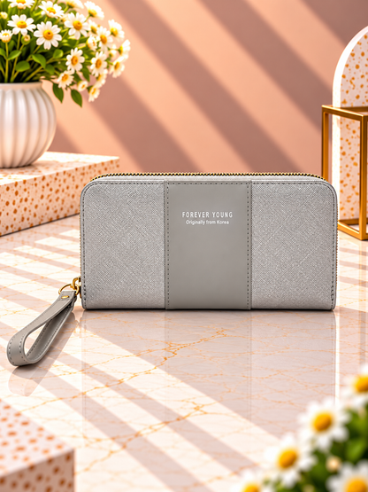 Contrast panel zip-around wristlet wallet, light gray with darker center panel and wrist strap