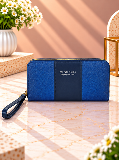 Contrast panel zip-around wristlet wallet, royal blue with dark center panel and wrist strap