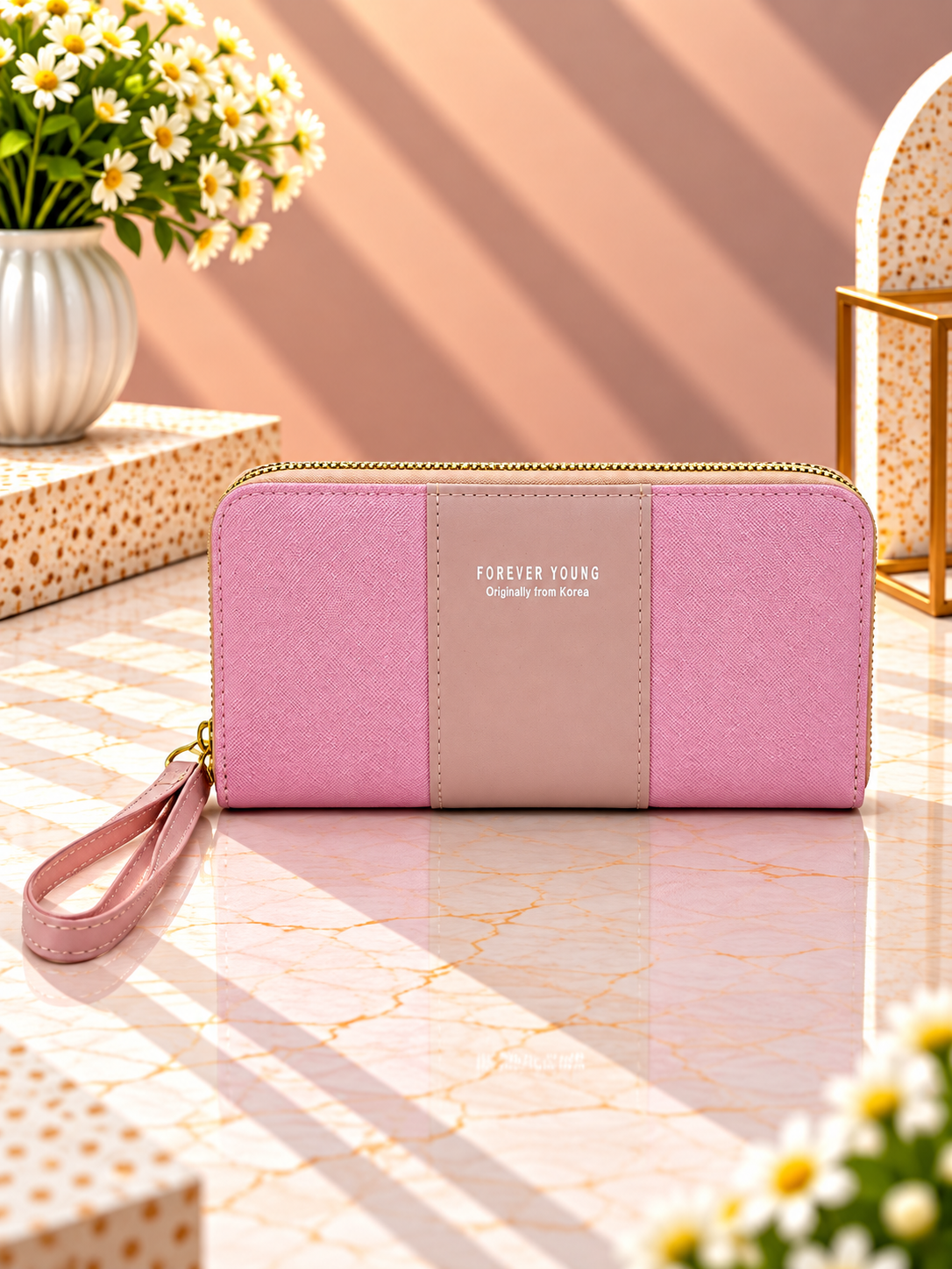 Contrast panel zip-around wristlet wallet, soft pink with mauve center panel and wrist strap