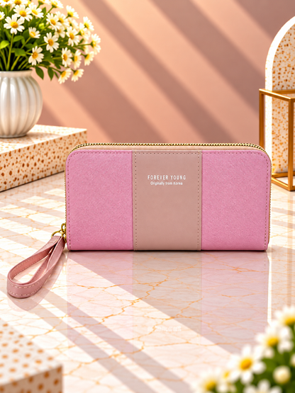 Contrast panel zip-around wristlet wallet, soft pink with mauve center panel and wrist strap