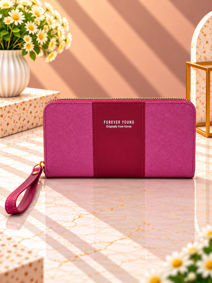 Contrast panel zip-around wristlet wallet, magenta with darker center panel and wrist strap