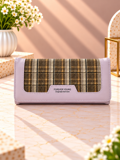 Long plaid contrast wallet with light purple outer trim and snap front flap