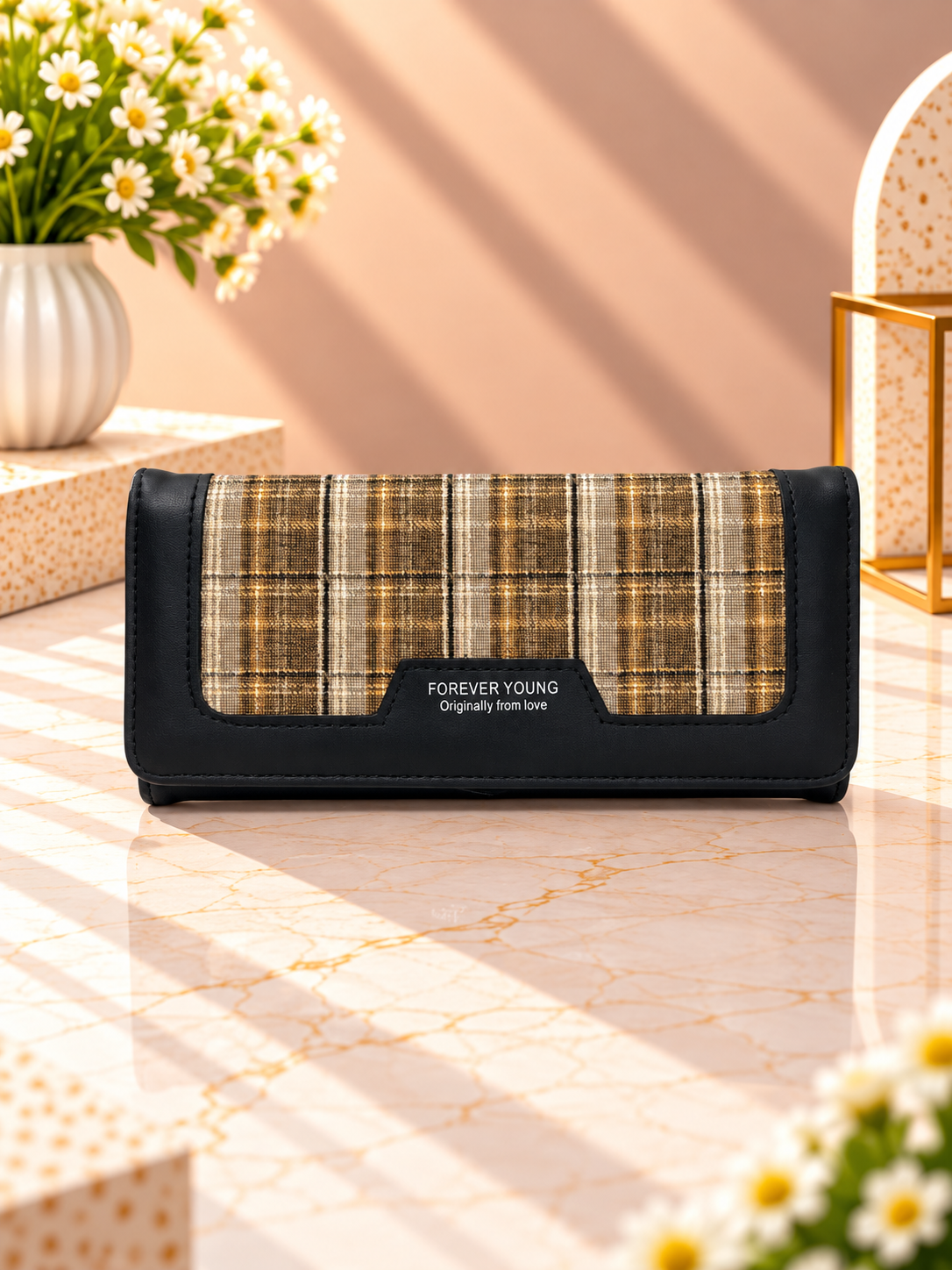 Long plaid contrast wallet with black outer trim and snap front flap