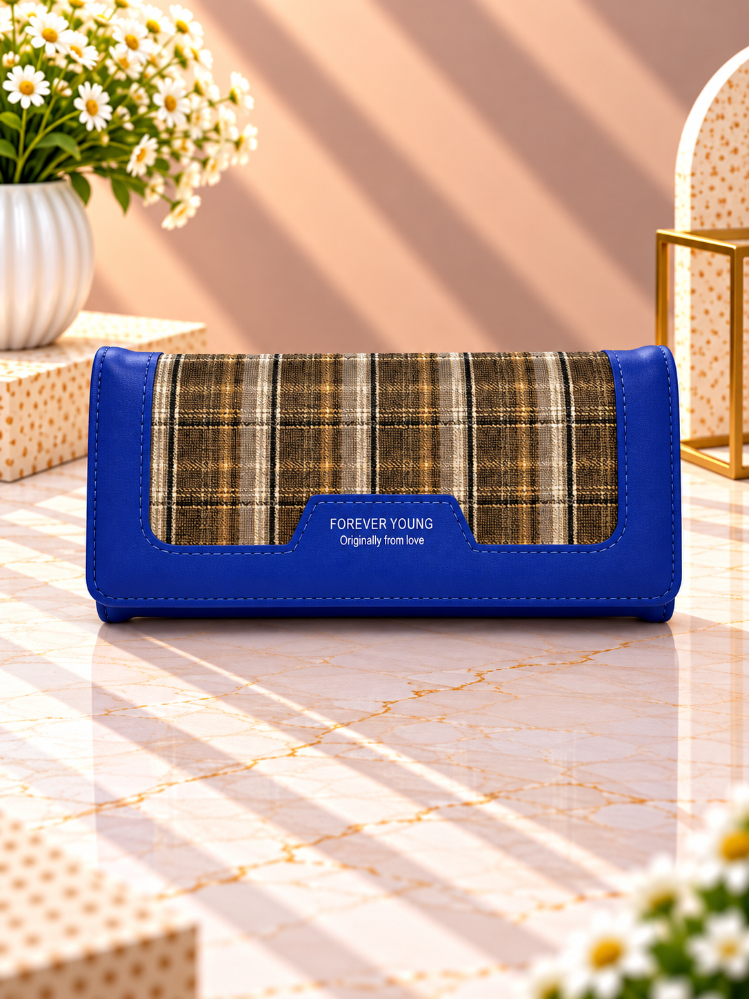 Long plaid contrast wallet with blue outer trim and snap front flap