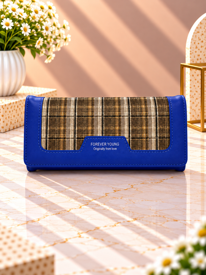 Long plaid contrast wallet with blue outer trim and snap front flap