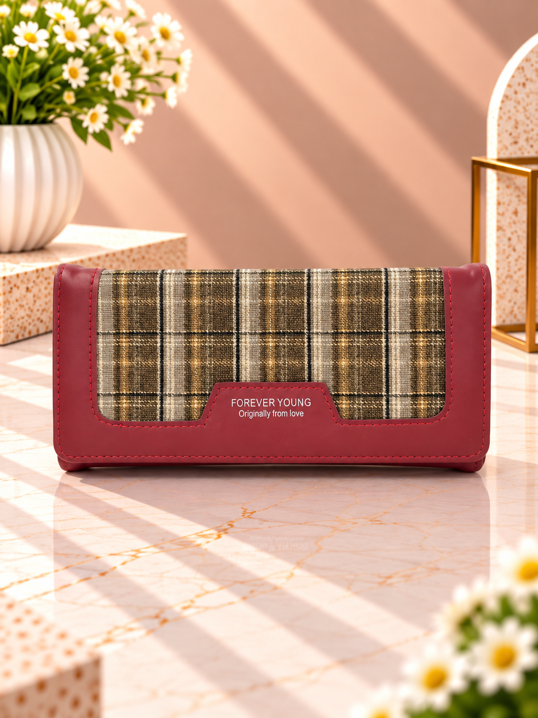 Long plaid contrast wallet with red outer trim and snap front flap
