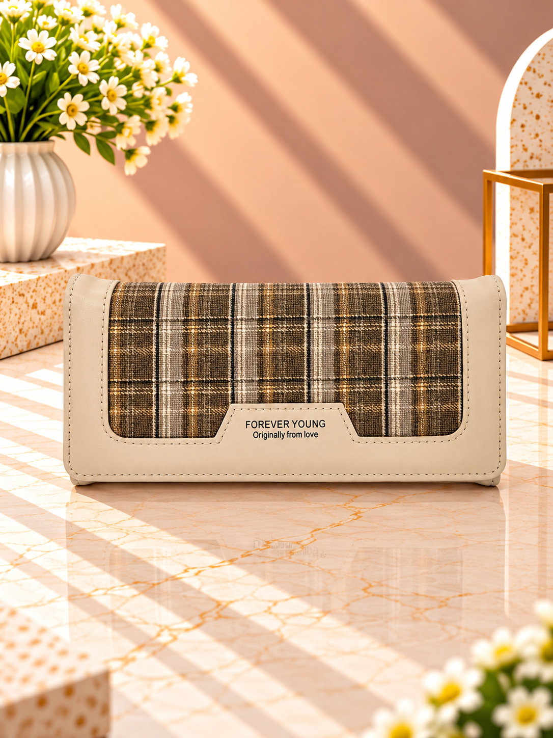 Long plaid contrast wallet with beige outer trim and snap front flap