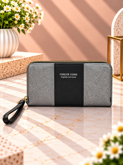 Contrast panel zip-around wristlet wallet, gray with dark center panel and wrist strap