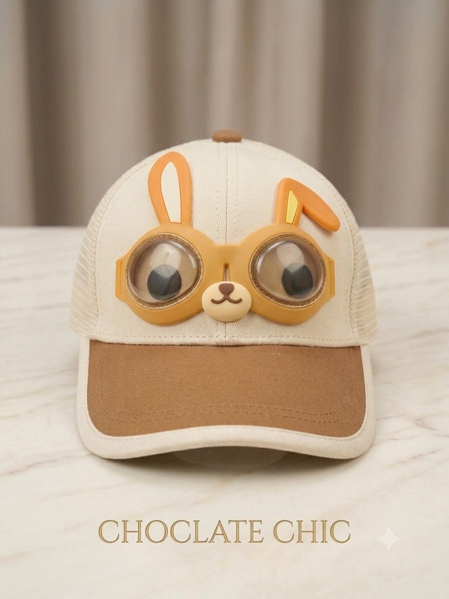 Kids white and brown baseball cap with bunny aviator goggles and tan ear details