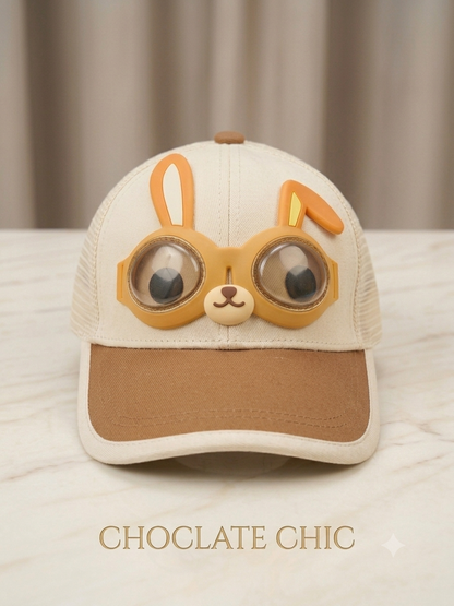 Kids white and brown baseball cap with bunny aviator goggles and tan ear details