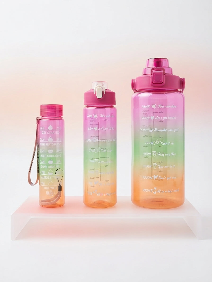 3-piece gradient motivational water bottle set, pink gradient with flip tops and wrist straps