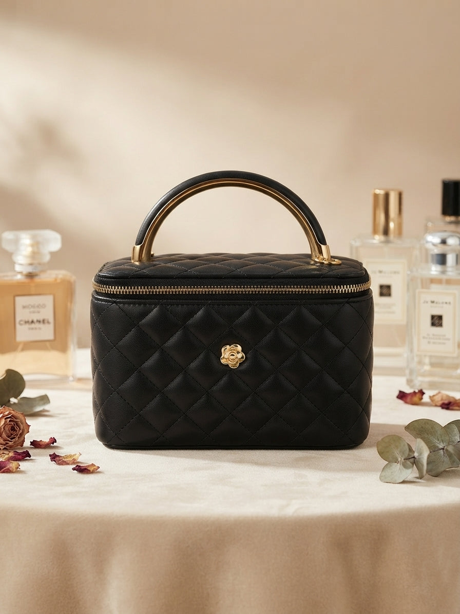 Black quilted vanity case with metal handle and central gold emblem, zip top