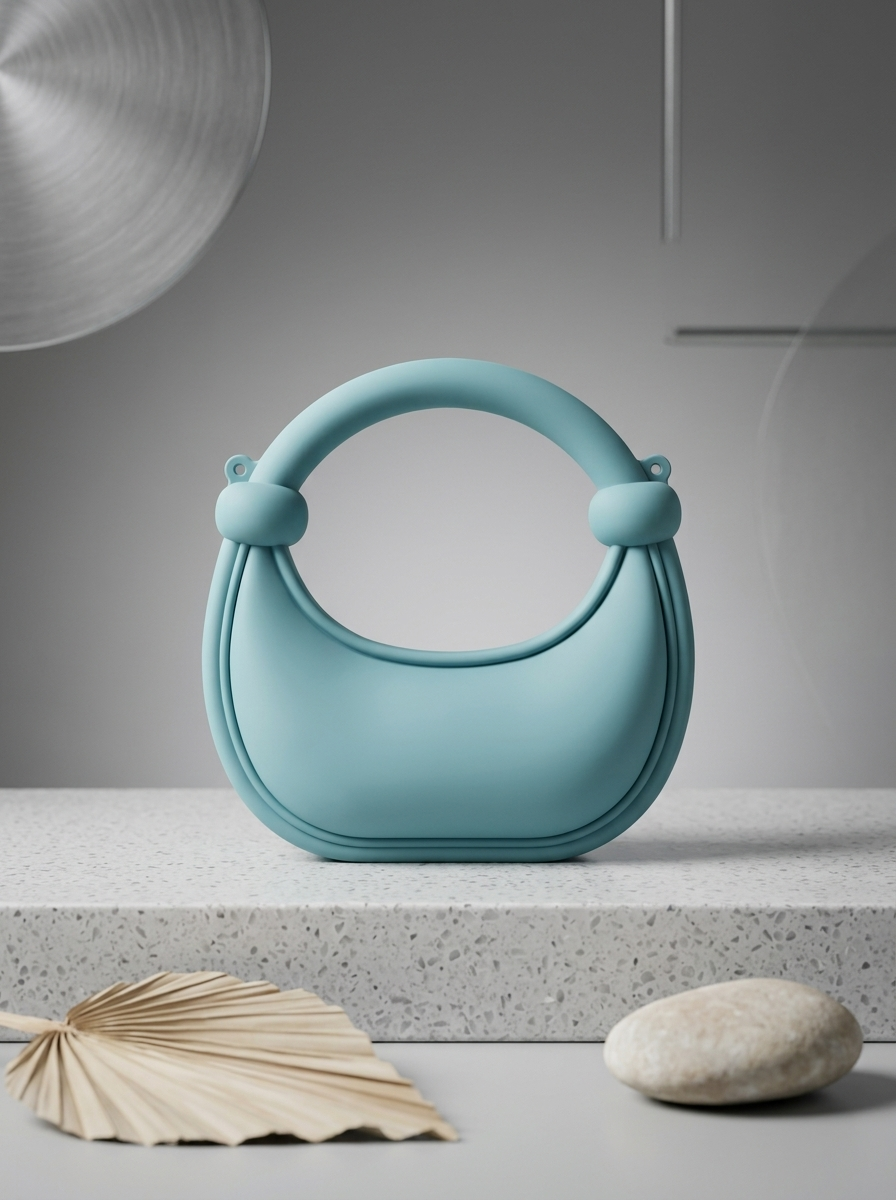Light blue matte silicone crescent handbag with rounded ring handles