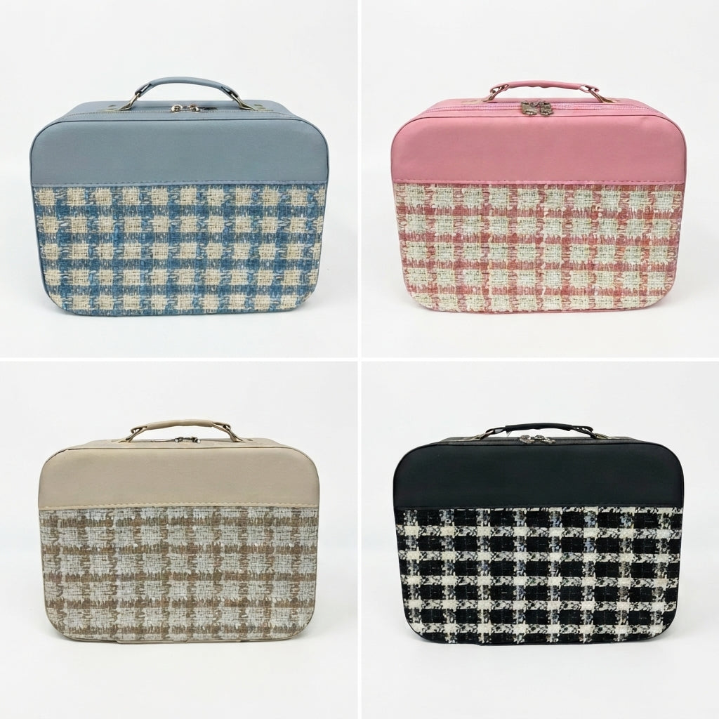 Structured tweed cosmetic vanity case with top handle, blue check pattern