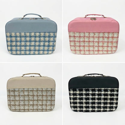 Structured tweed cosmetic vanity case with top handle, blue check pattern