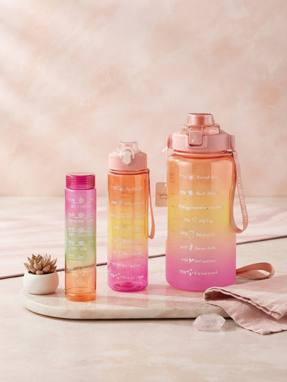 3-piece gradient motivational water bottle set, orange to pink with flip tops and carry strap