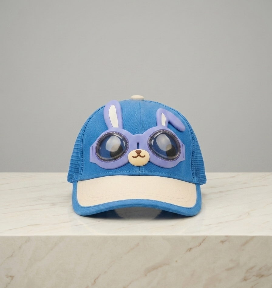 Kids blue baseball cap with bunny aviator goggles and white bunny face patch