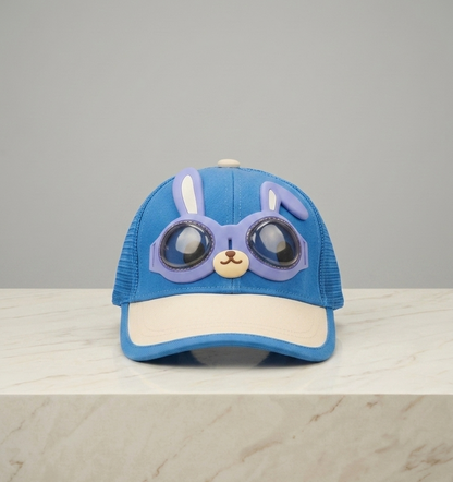 Kids blue baseball cap with bunny aviator goggles and white bunny face patch